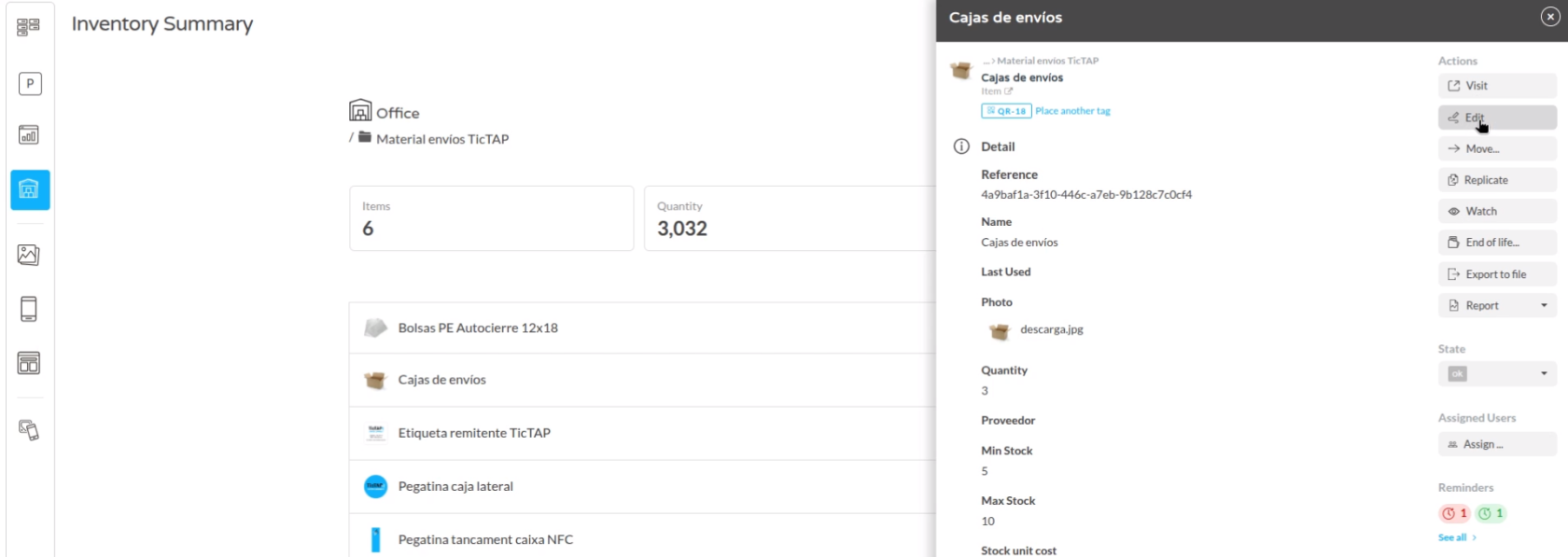 Item detail view displaying minimum and maximum stock levels and unit price with editing options