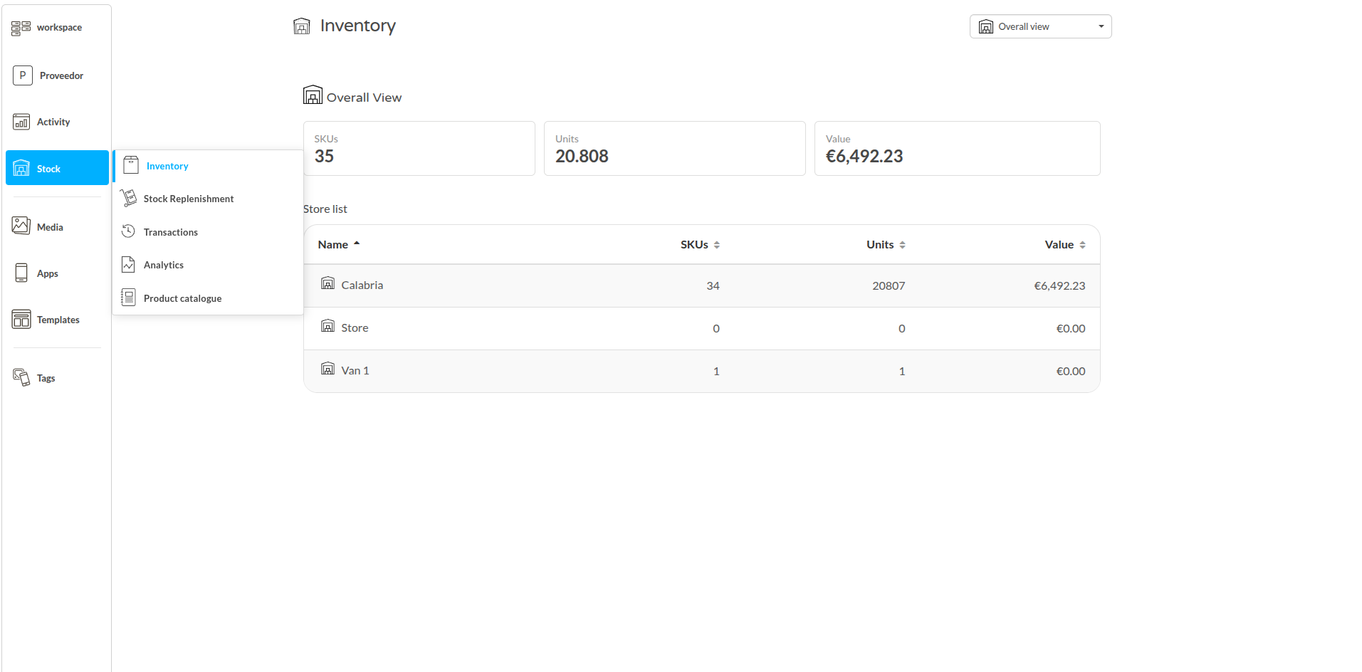 Inventory Summary screen showing stores, categories, and stock values
