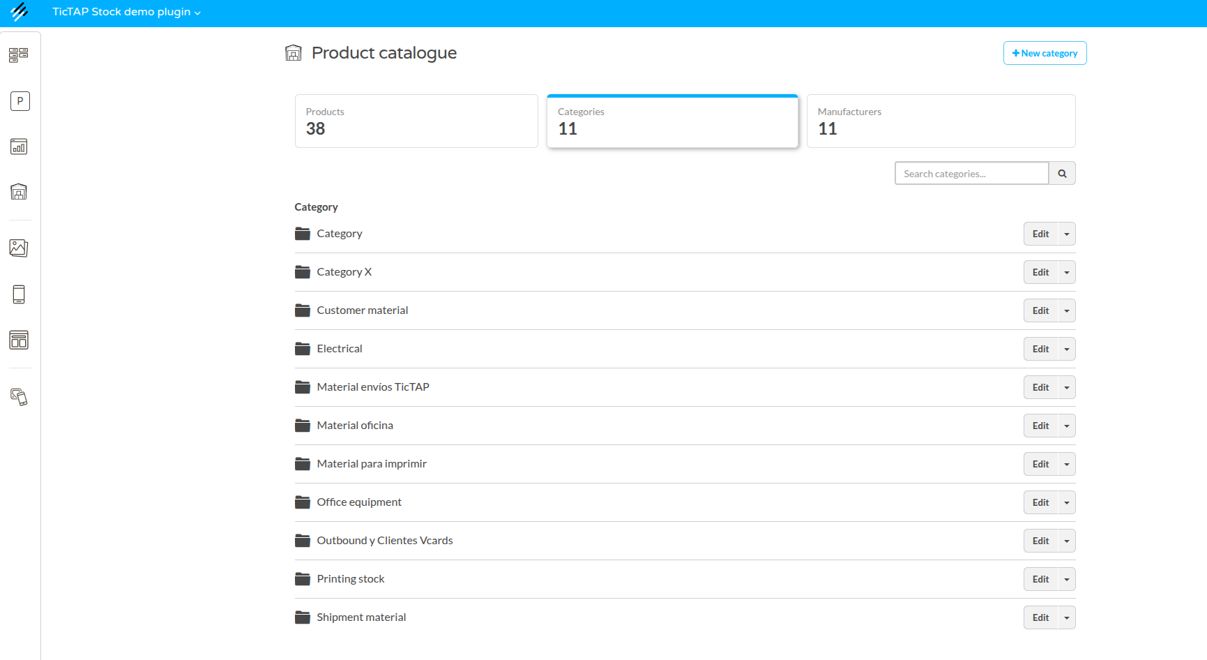 Product catalogue categories list