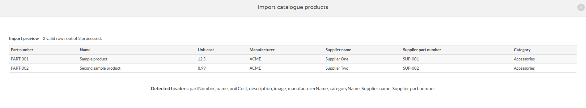 Product catalogue import preview