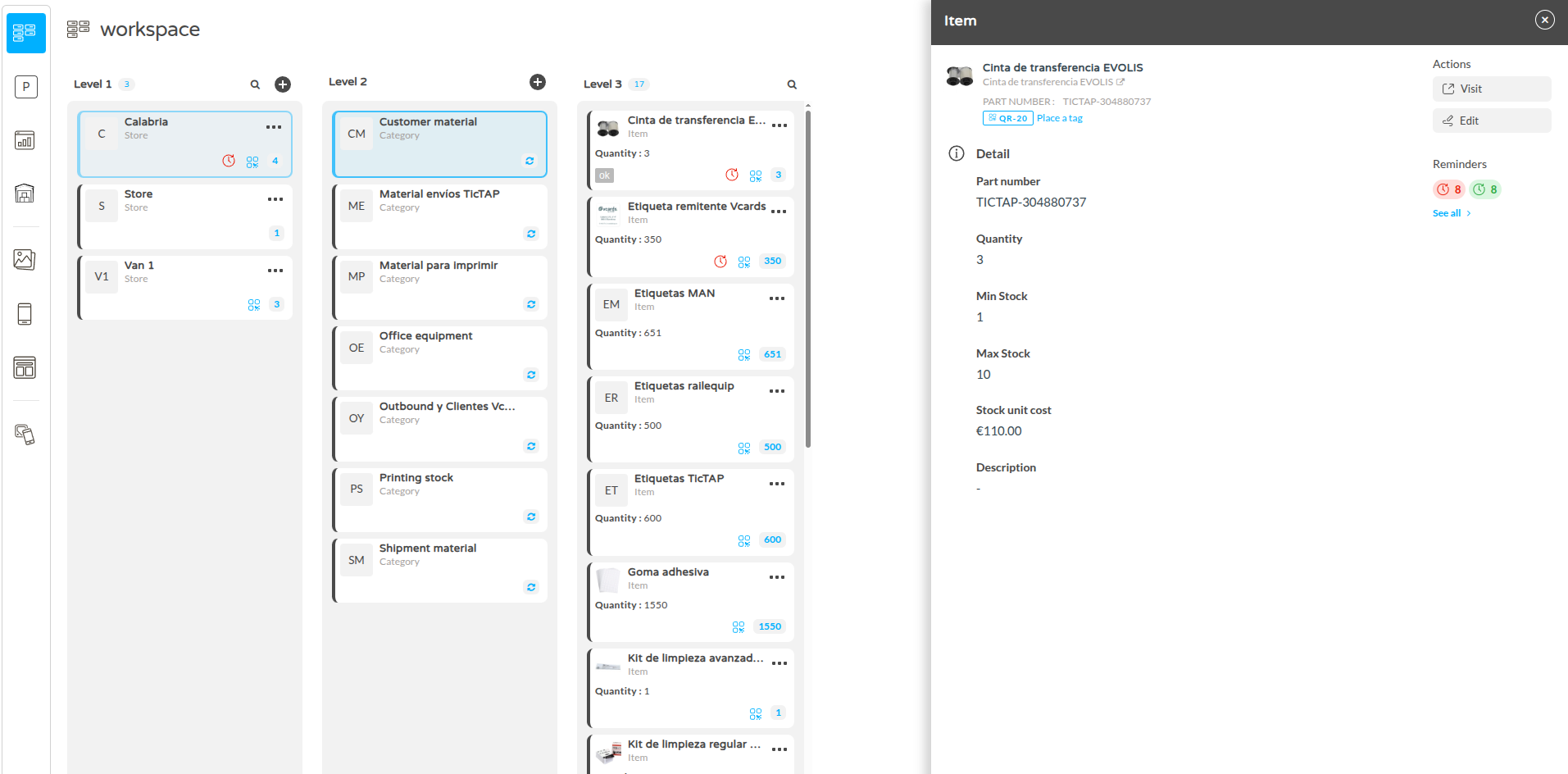 Workspace store view showing product holdings grouped by catalogue category
